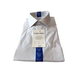 Calvin Klein Dress Shirt Mens Sz Large 16-16.5 34/35 White Blue Wrinkle Free NWT